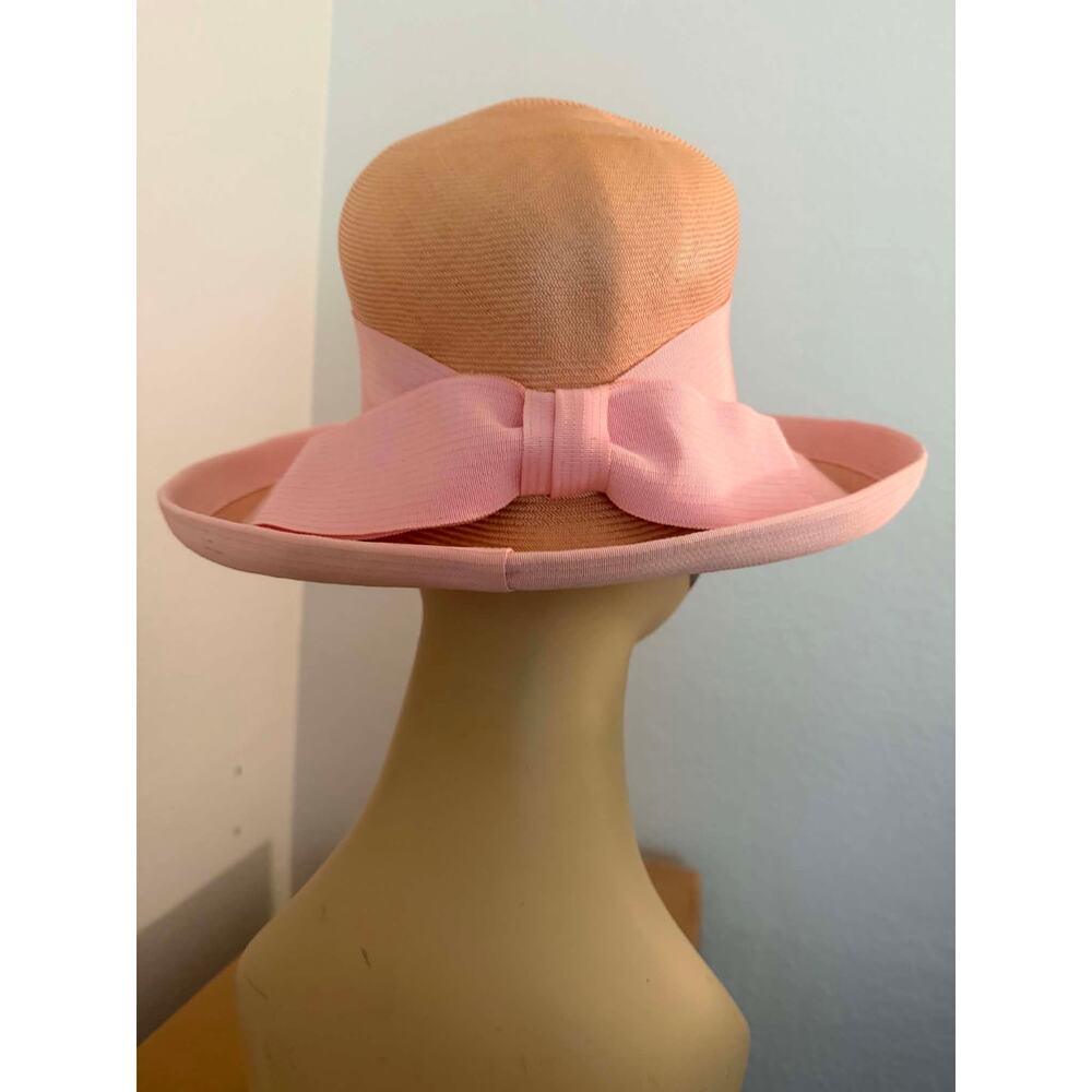 Vintage Wide Brim Straw Hat Pink Trim Bow Elegant Ladies Statement Church Hat - Picture 5 of 6